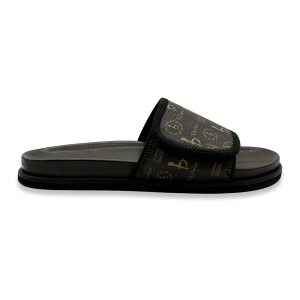 BB Pattern Velcro Leather Slides - Brown