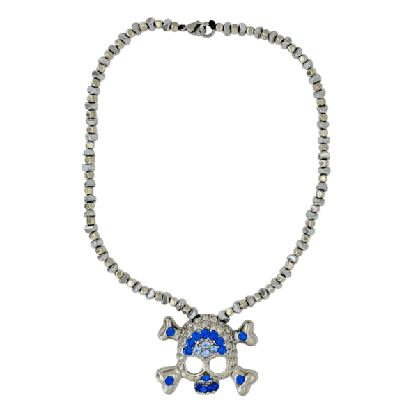 Skull N Crossbones Bead Necklace –Blue-Silver - B.B. Simon®