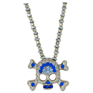 Skull N Crossbones Bead Necklace –Blue-Silver