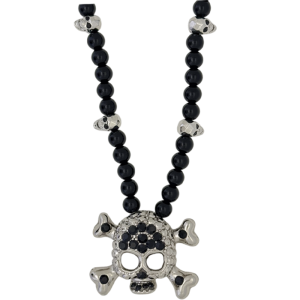 Skull N Crossbones Silver/Skull Bead Necklace –Jet/ Silver
