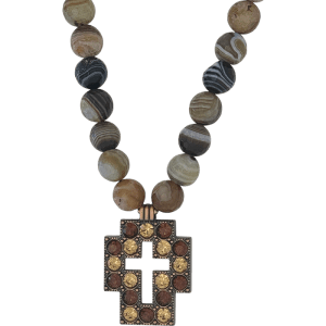 Square Cross Necklace- Brown Stone/ Copper