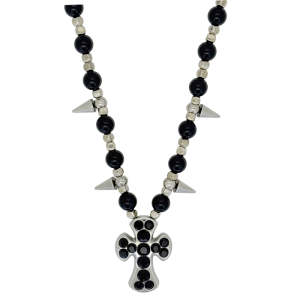 Silver Spikes – Black Round Beads / Jet Cross